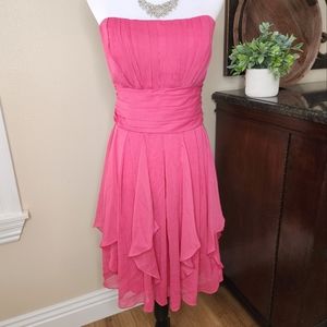 DAVID’S Bridal Pink Strapless Chiffon Dress with Layered Skirt, size 12